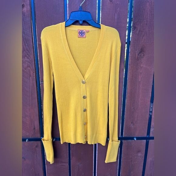 TORY BURCH Simone Ribbed Mustard Cardigan size small - Picture 1 of 5